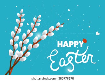 Easter card with pussy willow tree. Happy Easter logo template. 