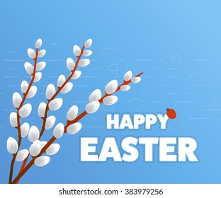 Easter card with pussy willow tree. Easter egg design set. 