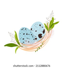 Easter card. Quail nest. Spring background. Frame, wreath with a feather. A blue bird egg. Vector illustration. isolated on a white background.