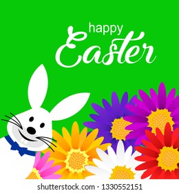 Easter card with rabbit and background with color floral. Vector graphic illustration.