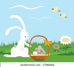 Easter Card: Rabbit and Basket with Eggs