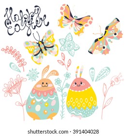 Easter card with rabbit, beautiful colorful card with butterfly, Vector