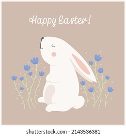 Easter card with rabbit and blue flowers, pastel colors, flat style. Spring. Cute "Happy Easter" gift card