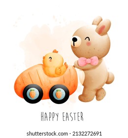 Easter card with rabbit and chicken, vector illustration