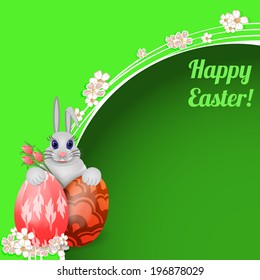 Easter card with rabbit and colored Easter eggs. Vector illustration.