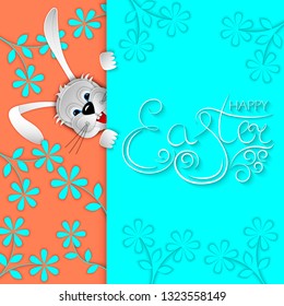 Easter card with rabbit cut out of paper on modern background with spring flowers. Hand lettering Happy Easter. 3D vector illustration.