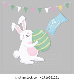 Easter card with a rabbit. Cute bunny prepares holiday gifts in the form of colored eggs. Colorful eggshells. Symbols of the Great Easter holiday. Vector illustration.