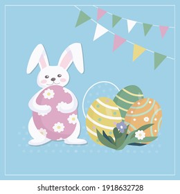 Easter card with a rabbit. Cute bunny prepares holiday gifts in the form of colored eggs. Colorful eggshells. Symbols of the Great Easter holiday. Vector illustration.
