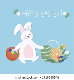 Easter card with a rabbit. Cute bunny carries holiday gifts in the form of colored eggs. Colorful eggshells. Symbols of the Great Easter holiday. Vector illustration.