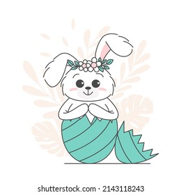 Easter card with rabbit in the egg. Happy easter greeting card and template vector illustration. Cute Design layout for invitation, card, menu, flyer, banner, poster, voucher. Eggs and bunny ears