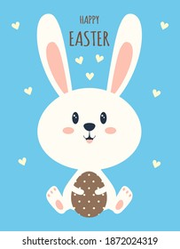 tarjeta de Pascua con conejo y huevo aislados en fondo azul, ilustración vectorial