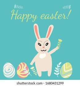 Easter card. Rabbit, eggs, flowers. Doodle stile. Pastel colors