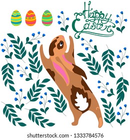Easter card, rabbit, eggs, leaves, vector illustration