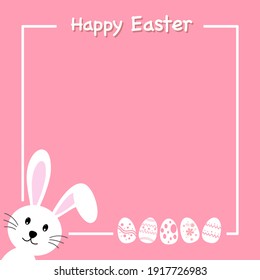 Easter card with rabbit and eggs on pink background.