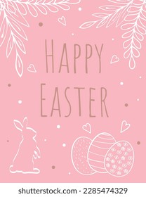 easter card with rabbit, eggs and twigs in out-line style, minimalistic