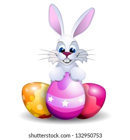 Easter card with rabbit and eggs. Vector illustration