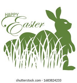 Easter. Easter card with a rabbit and eggs. Wish "Happy Easter". Vector illustration in a simple flat style, isolated on a white background for design and web.