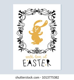 Easter card. Rabbit, floral frame isolated on white background. Handwritten text With love at Easter