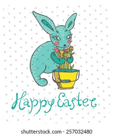 Easter card with rabbit and flowers, beautiful illustration for Holiday design
