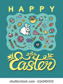 Easter card with rabbit, flowers, eggs, and sweets on blue background