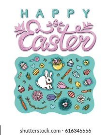 Easter card with rabbit, flowers, eggs, and sweets on white background