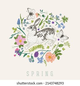 Easter card with rabbit and flowers.  Little garden. Colorful.