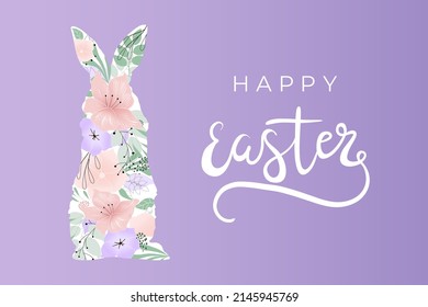 Tarjeta de Pascua con conejo y flores. Ilustración abstracta vectorial. Conejo de Pascua con la inscripción Feliz Pascua en un fondo morado.