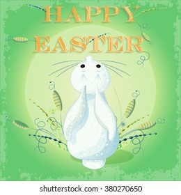 Easter card with rabbit and grass green background