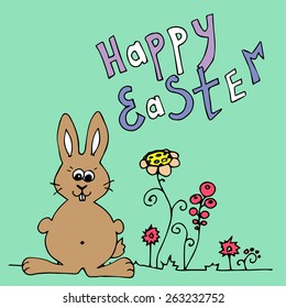Easter card with rabbit hand-drawn  in doodle style