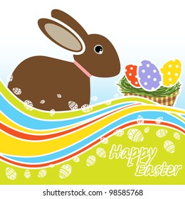 Easter Card. The rabbit near basket with Easter eggs. Easy to edit. Perfect for invitations or announcements.