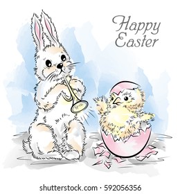 Easter card with rabbit and newborn chicken. Color vector illustration