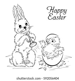 Easter card with rabbit and newborn chicken. Vector illustration