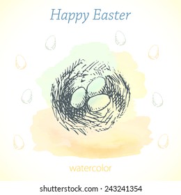 Easter card with rabbit on watercolor background, drawing hands, vector illustration