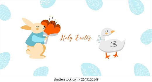 Easter card rabbit with red flower and cute duck, sketch easter egg. Holy easter vector design