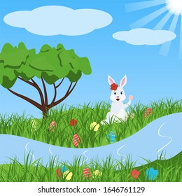 Easter card with rabbit , river, easter egg