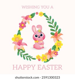 Easter card with rabbit, spring flowers on white background. Vector illustration. 