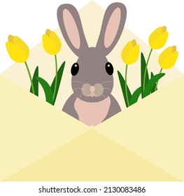 Tarjeta de Pascua con ilustración vectorial de conejo. Feliz Conejo en sobre con tulipanes celebrando el día de primavera.