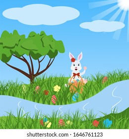 Easter card with rabbit,rabbit with basket, easter egg