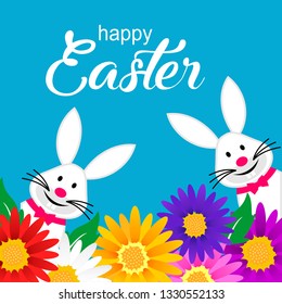 Easter card with rabbits and background with color floral. Vector graphic illustration.
