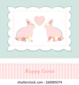 Easter card. rabbits. blue and pink color 