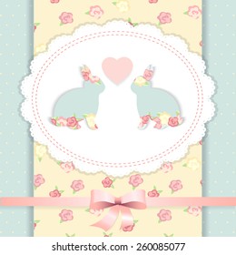 Easter card. rabbits. blue and pink color 
