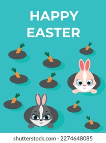 Easter card with rabbits and carrots.