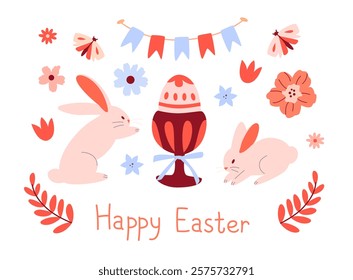 Easter card with rabbits celebrating. Rabbits, flowers, egg in a stand