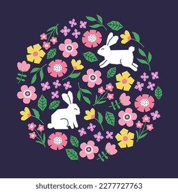 Easter card with rabbits, flowers and leaves pattern. Cutout colorful elements on dark blue background. Vector illustration