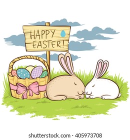 Easter card with rabbits on the grass and basket with eggs. Happy Easter card.