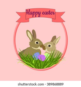 Easter card with rabbits on a pink background