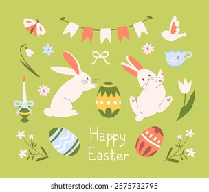 Easter card with rabbits, painted eggs, flowers, flags. Easter elements