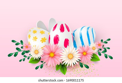 Easter card with realistic 3d eggs on a light background. Vector illustration Place for your text. Decorated eggs with small floral and geometric patterns. Spring flowers. Vector illustration.