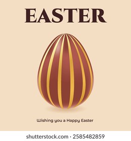 Easter card with realistic chocolate egg with gold stripe. Holiday greeting poster. Spring vector illustration. Design for banner, flyer, social media, brochure, presentation, invitation