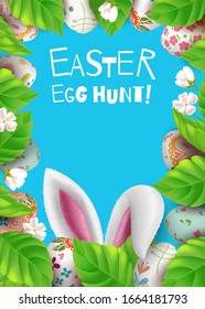 Easter card with realistic decorated 3D eggs, bunny ears, leaves, twigs blossom cherry and flowers. Vector holiday background. Frame for posters, flyers, cards. Easter egg hunt.